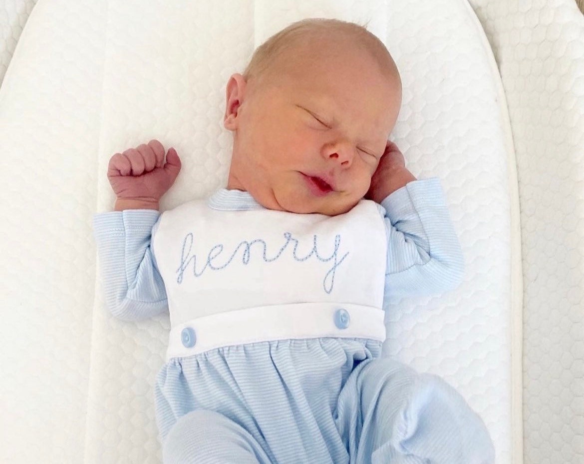 Baby boy coming home outfit, Monogrammed footie romper, Personalized Baby gift, sleeper, newborn pictures, blue tiny stripe bib front footie