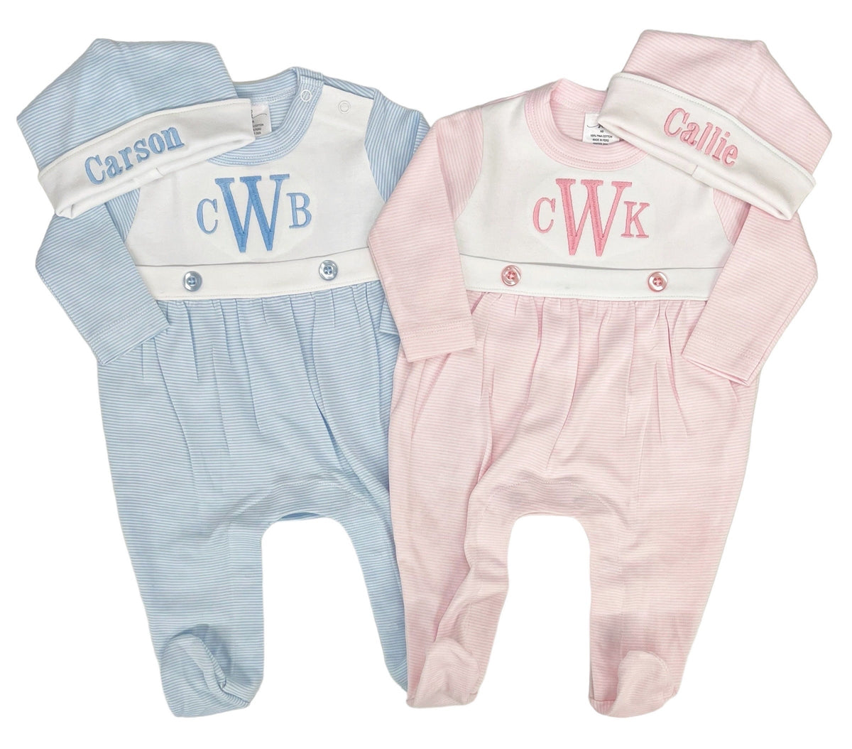 Baby boy coming home outfit, Monogrammed footie romper, Personalized Baby gift, sleeper, newborn pictures, blue tiny stripe bib front footie