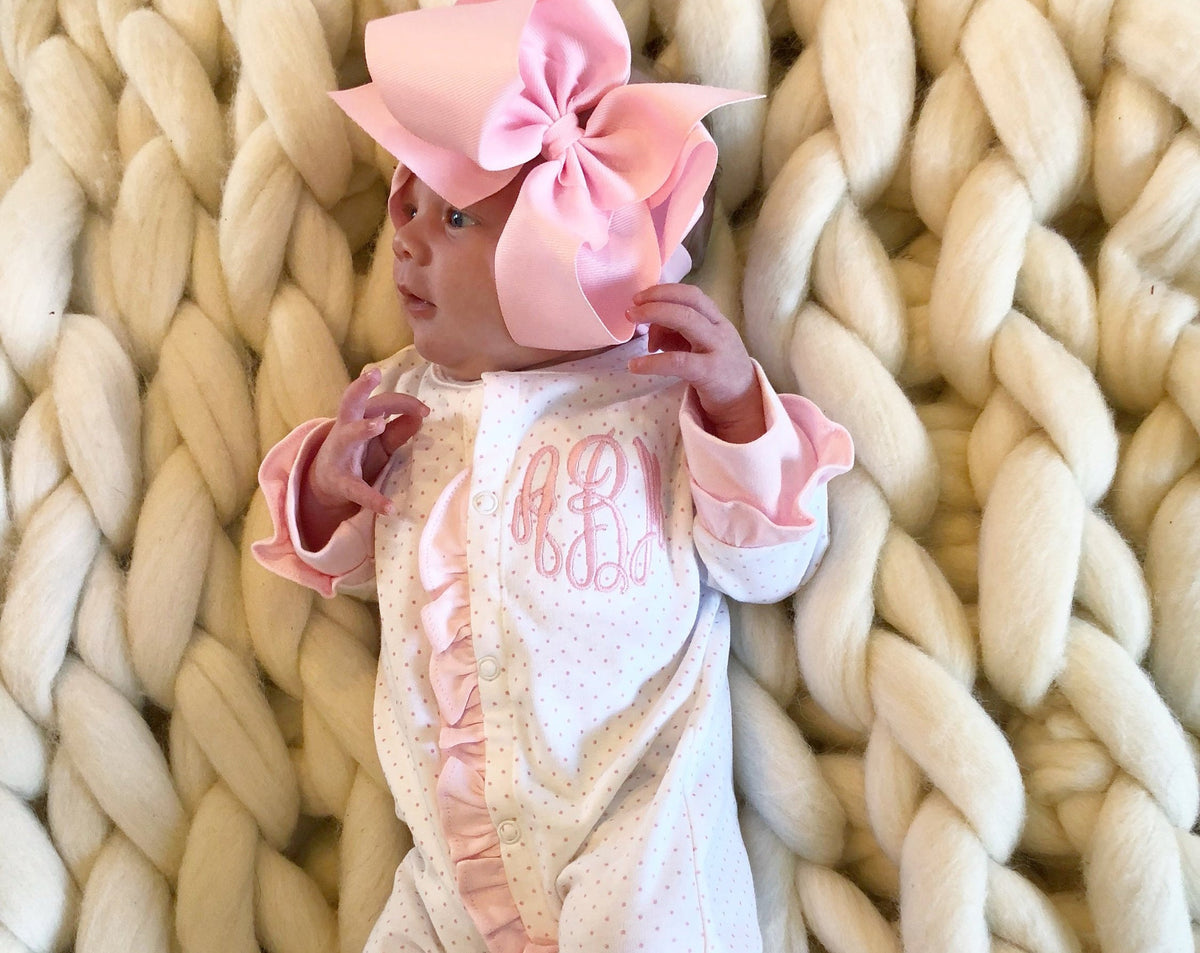 Baby girl coming home outfit, monogrammed footie, newborn clothing, girl clothing, baby shower gift, sleeper, ruffle footie pink dot