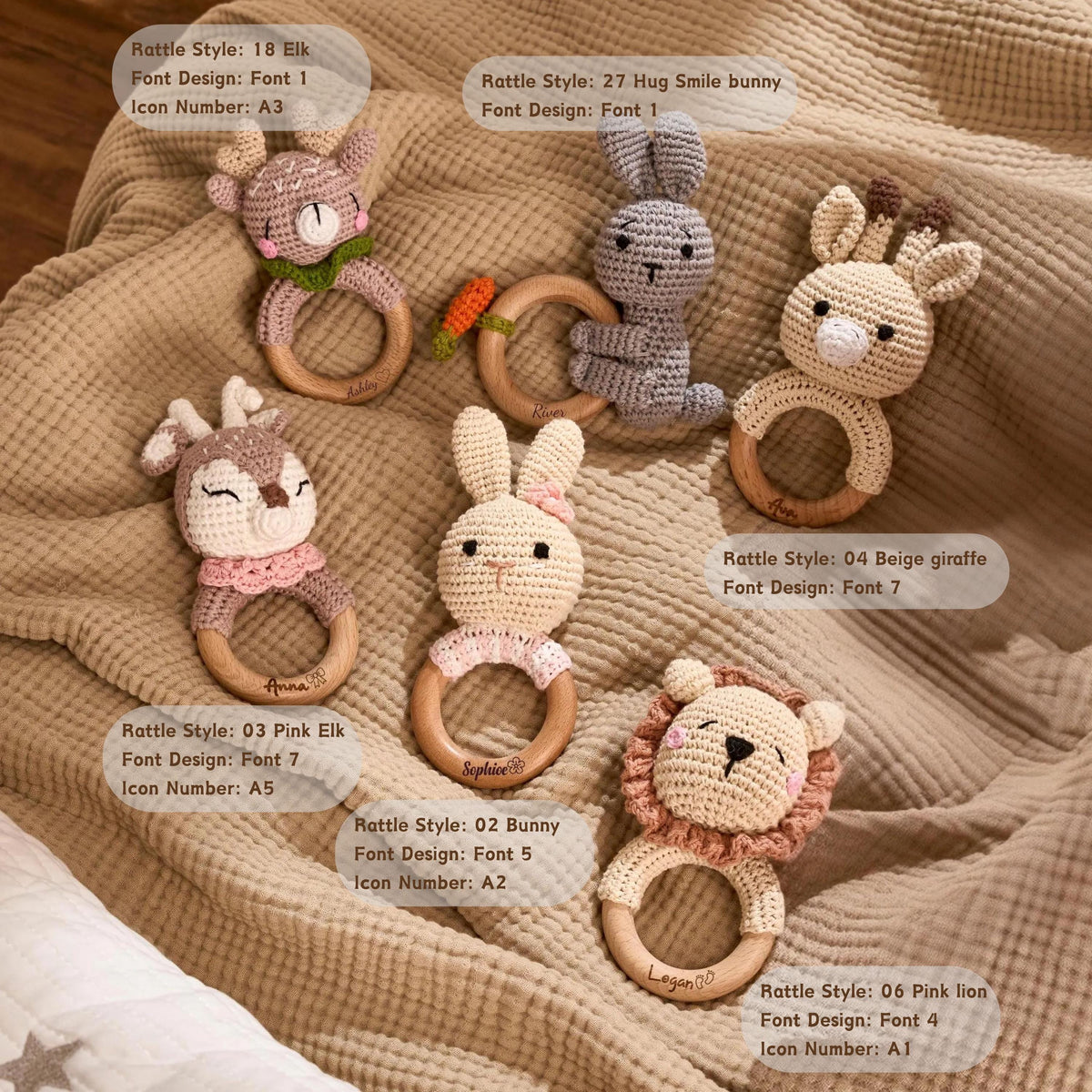 Personalized Baby Rattle with Name, Custom Newborn Gift, Baby's First Christmas, Montessori Wood Toy, Engraved Animal, Baby Shower Gift