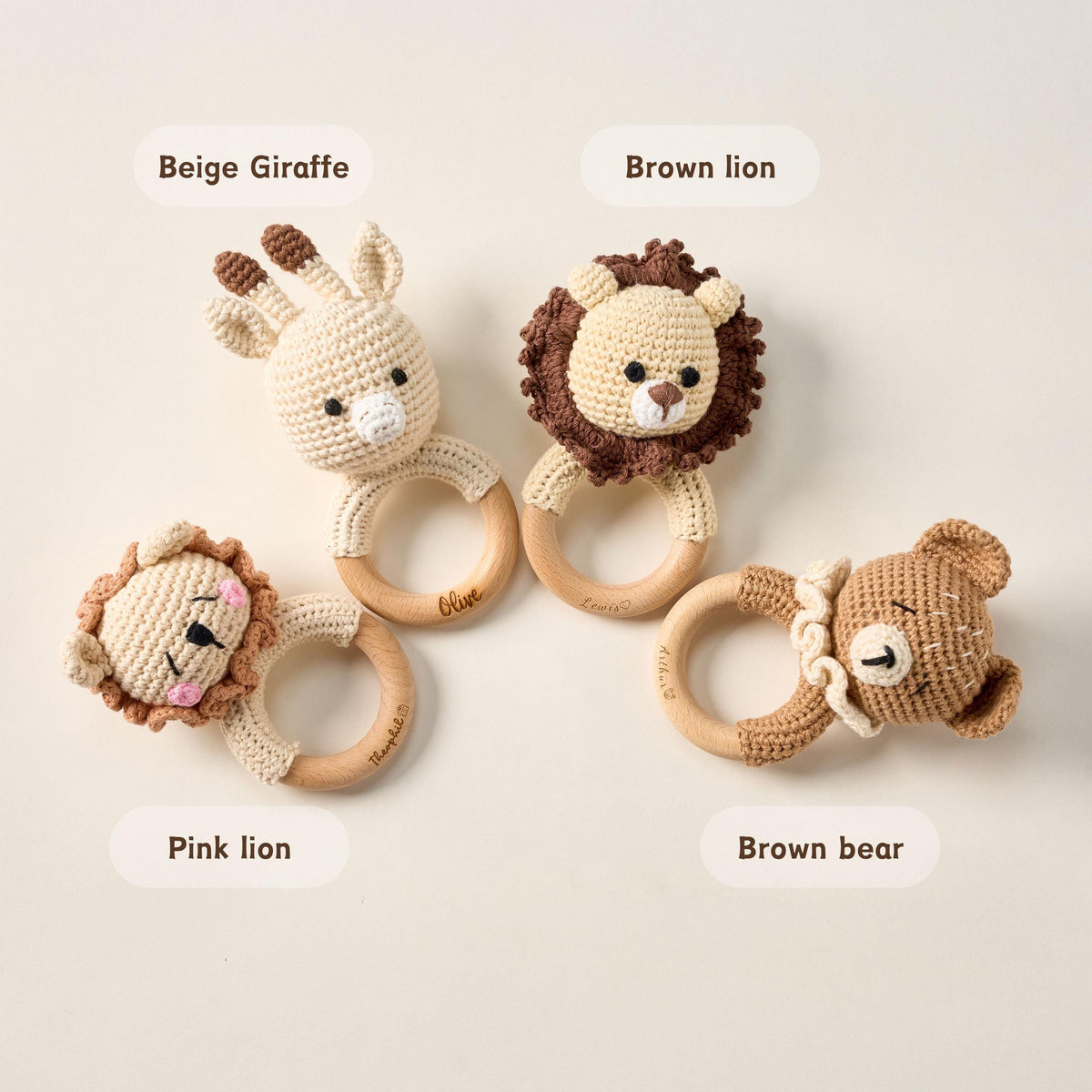 Personalized Baby Rattle with Name, Custom Newborn Gift, Baby's First Christmas, Montessori Wood Toy, Engraved Animal, Baby Shower Gift