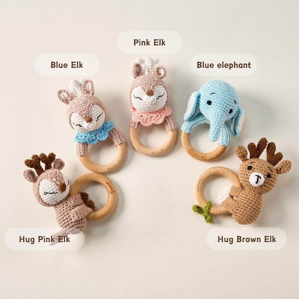 Personalized Baby Rattle with Name, Custom Newborn Gift, Baby's First Christmas, Montessori Wood Toy, Engraved Animal, Baby Shower Gift