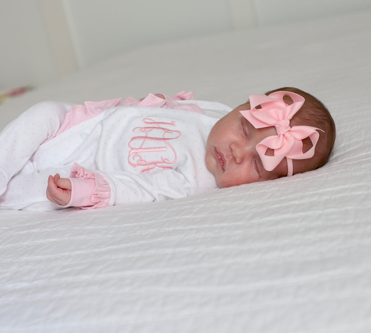 Baby girl coming home outfit, monogrammed footie, newborn clothing, girl clothing, baby shower gift, sleeper, ruffle footie pink dot