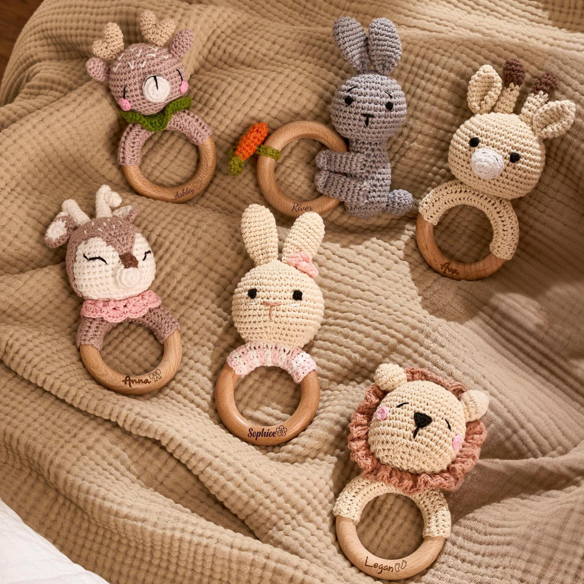 Personalized Baby Rattle with Name, Custom Newborn Gift, Baby's First Christmas, Montessori Wood Toy, Engraved Animal, Baby Shower Gift