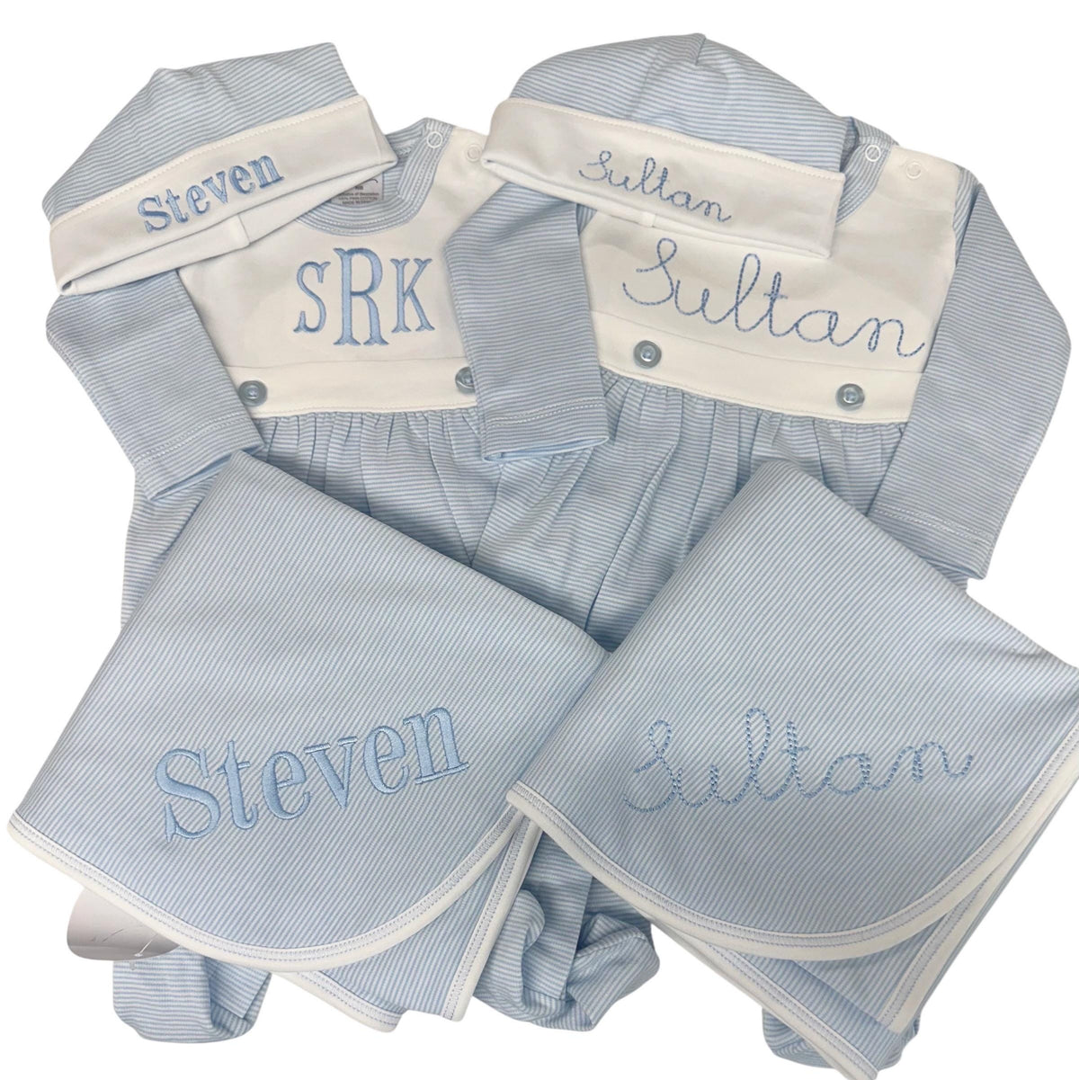 Baby boy coming home outfit, Monogrammed footie romper, Personalized Baby gift, sleeper, newborn pictures, blue tiny stripe bib front footie