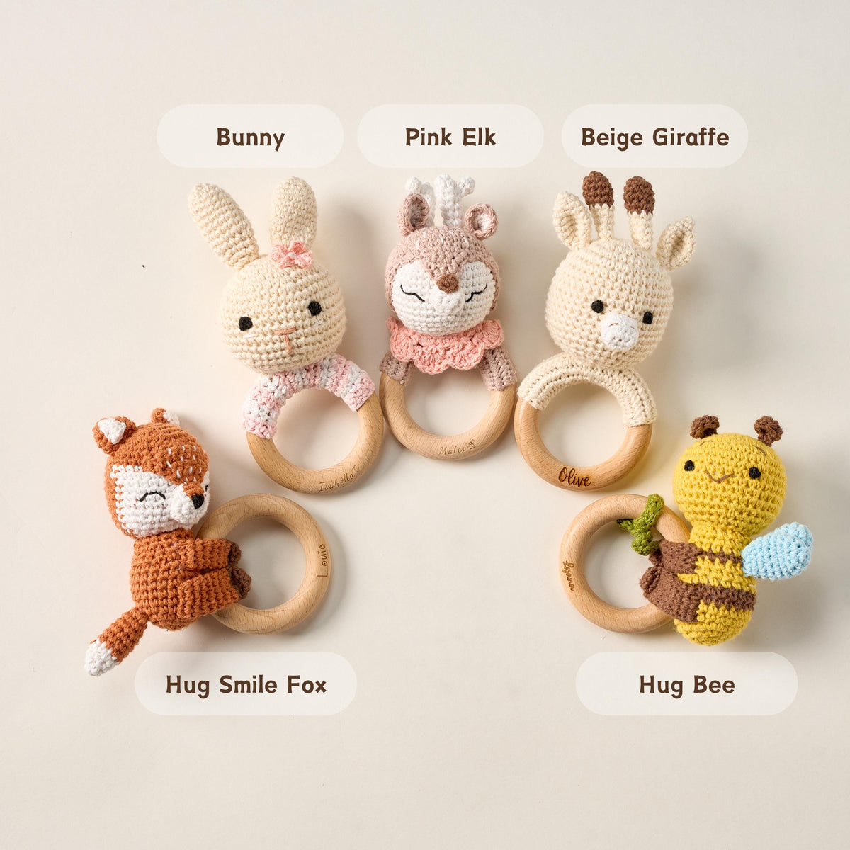 Personalized Baby Rattle with Name, Custom Newborn Gift, Baby's First Christmas, Montessori Wood Toy, Engraved Animal, Baby Shower Gift