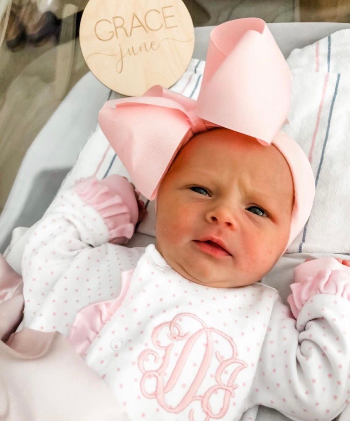 Baby girl coming home outfit, monogrammed footie, newborn clothing, girl clothing, baby shower gift, sleeper, ruffle footie pink dot