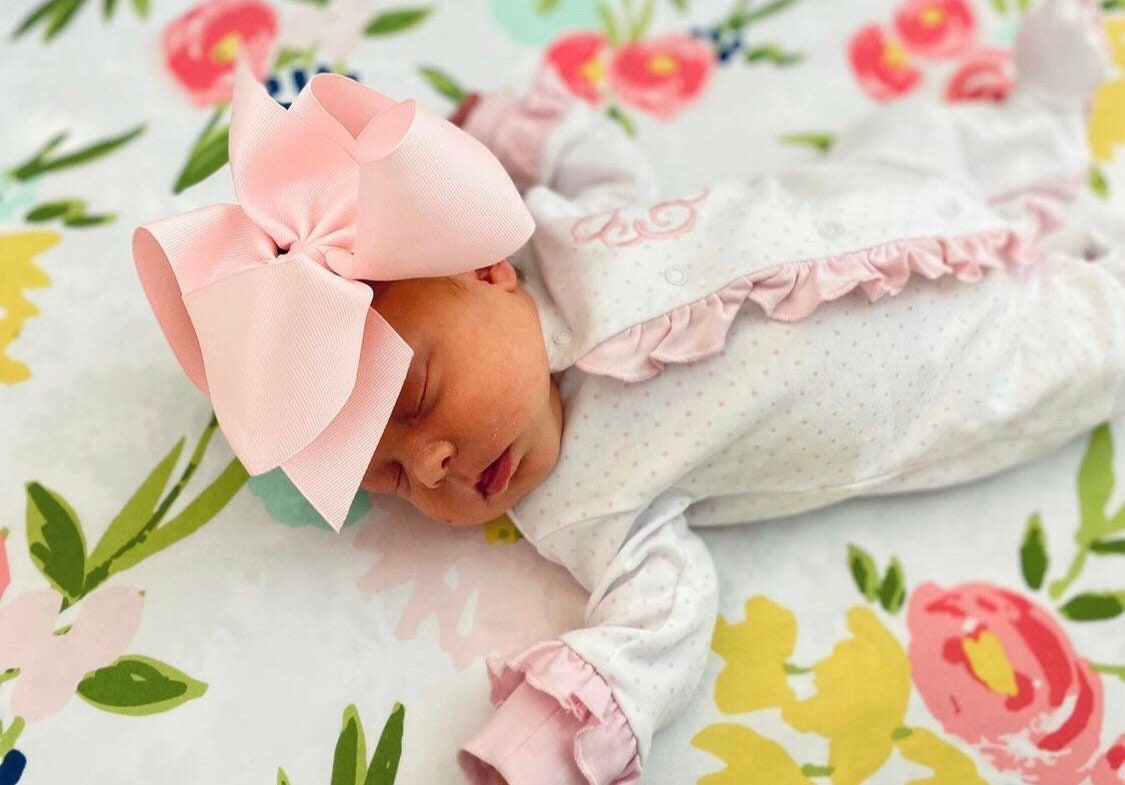 Baby girl coming home outfit, monogrammed footie, newborn clothing, girl clothing, baby shower gift, sleeper, ruffle footie pink dot