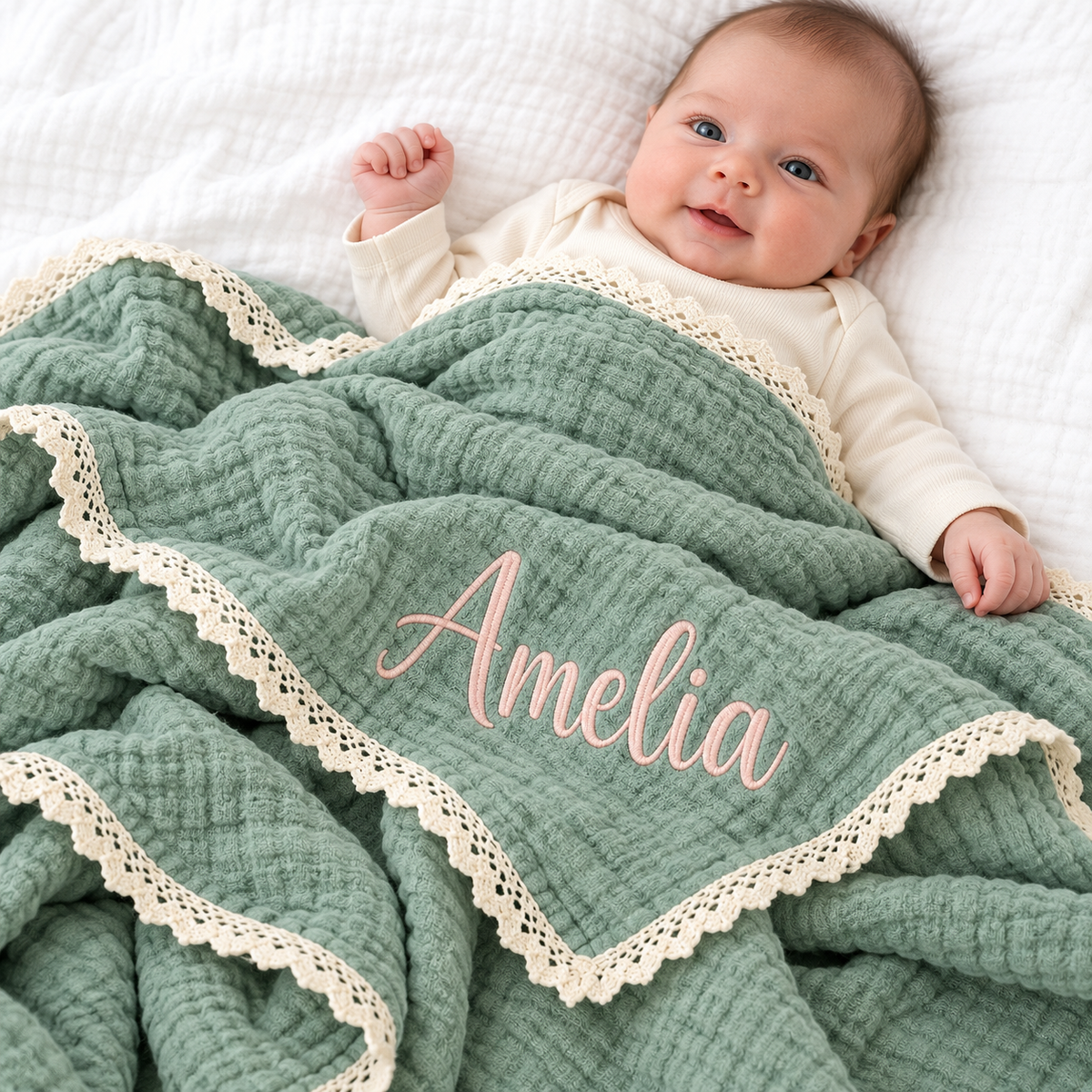 Personalized Organic Muslin Baby Blanket with Embroidered Name