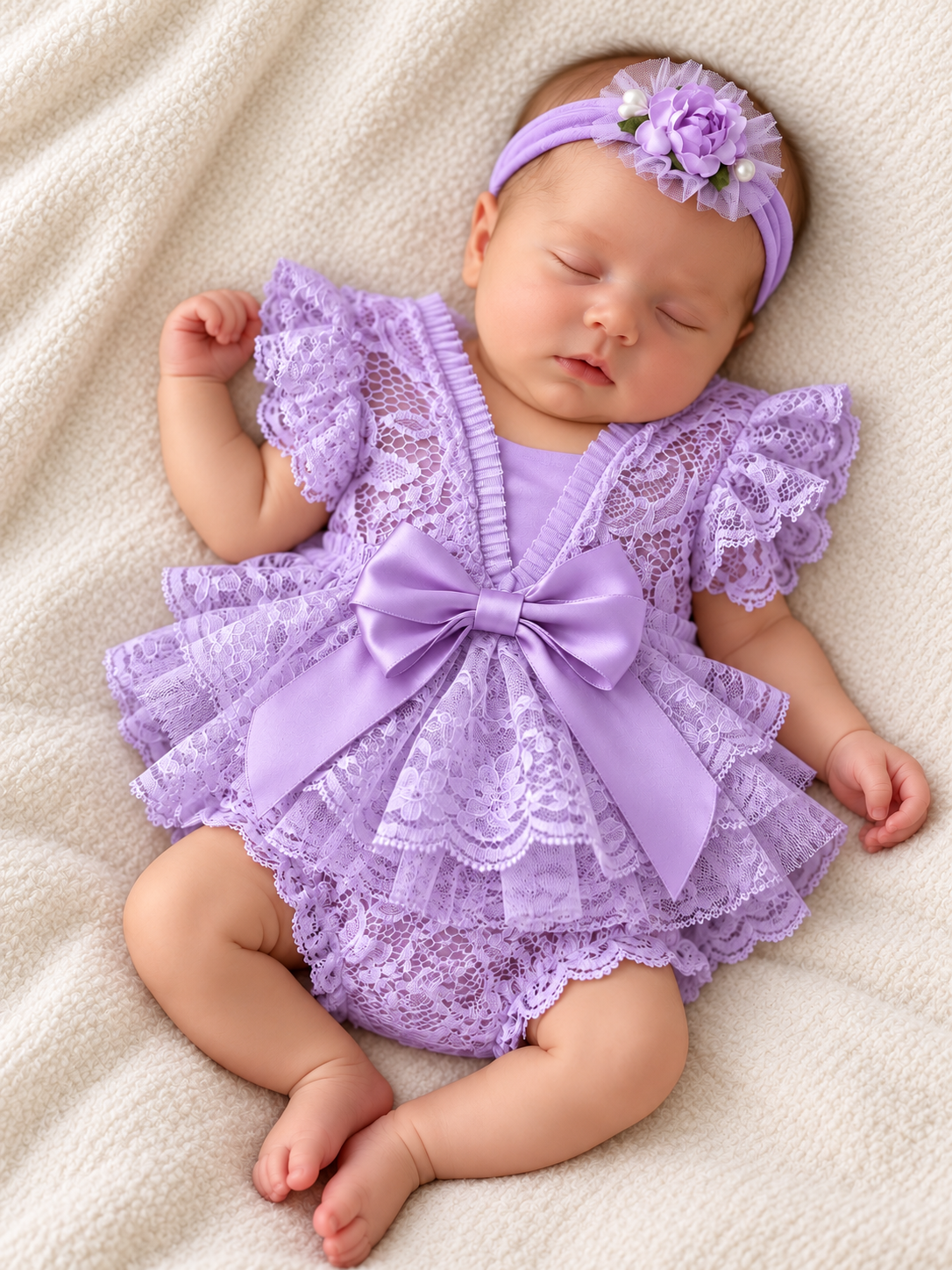 Newborn baby girl in a purple lavender lace romper set with a satin bow