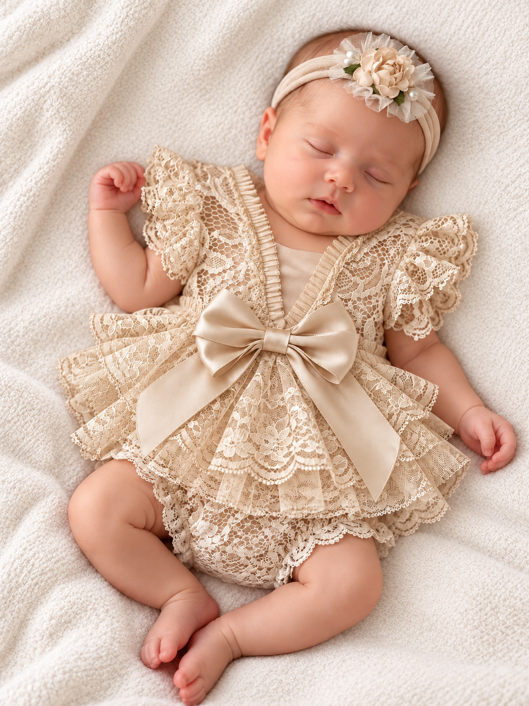 Newborn baby girl in a beige champagne lace romper set with a satin bow