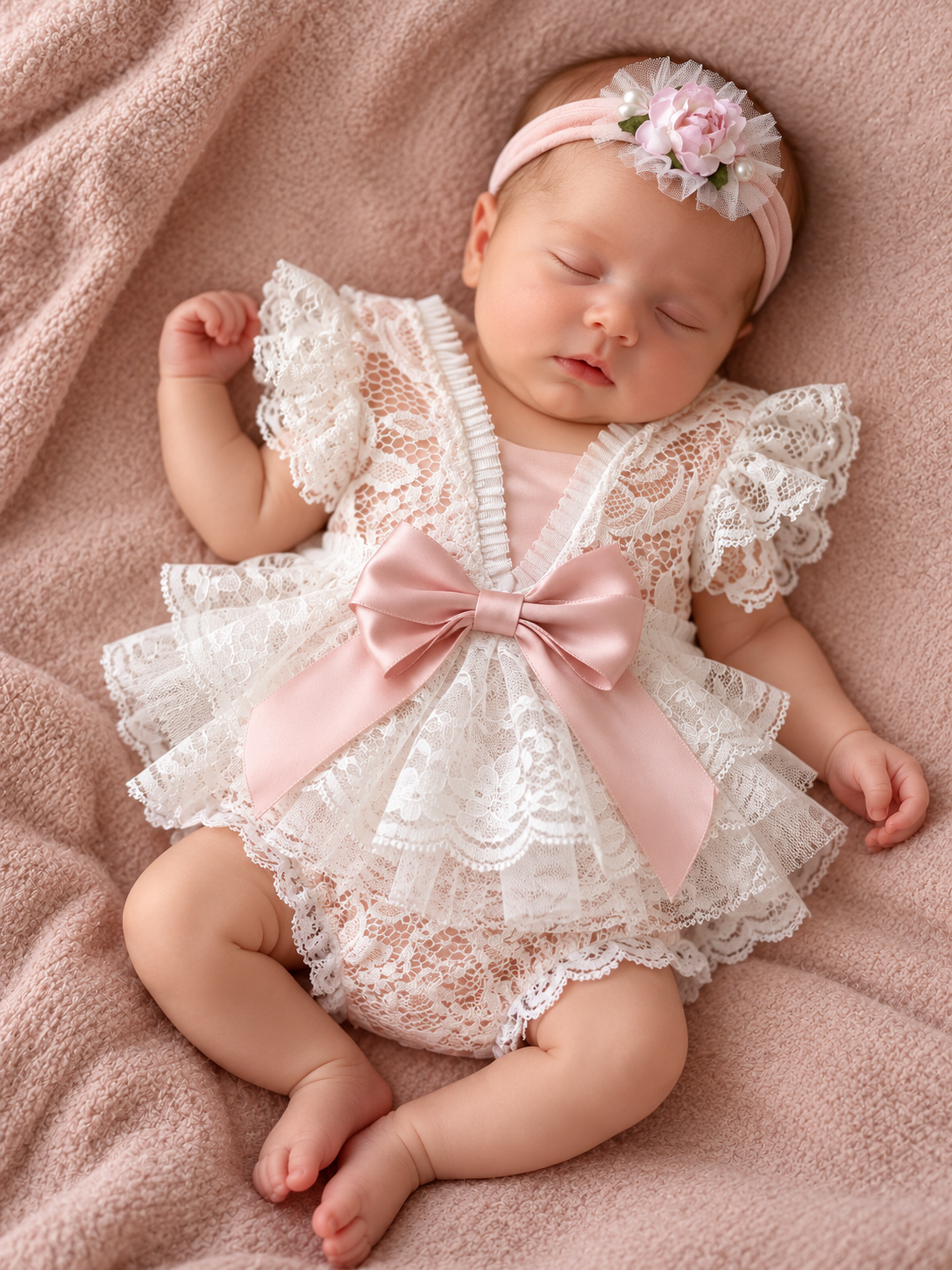 Newborn baby girl in a white lace romper set with a pink satin bow