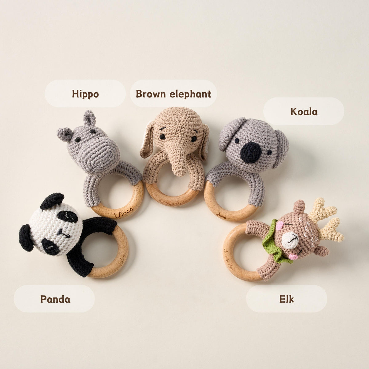 Personalized Baby Rattle with Name, Custom Newborn Gift, Baby's First Christmas, Montessori Wood Toy, Engraved Animal, Baby Shower Gift