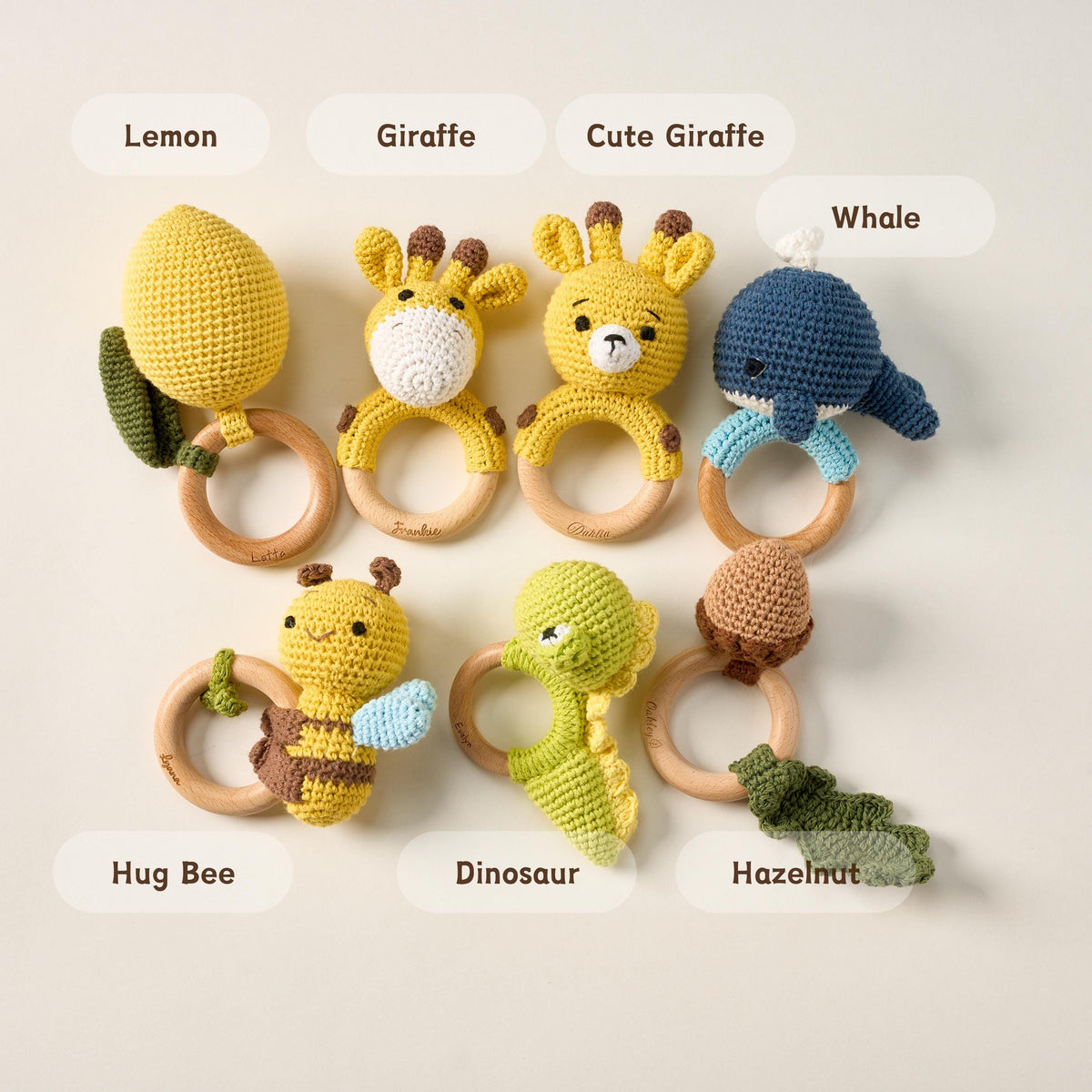 Personalized Baby Rattle with Name, Custom Newborn Gift, Baby's First Christmas, Montessori Wood Toy, Engraved Animal, Baby Shower Gift