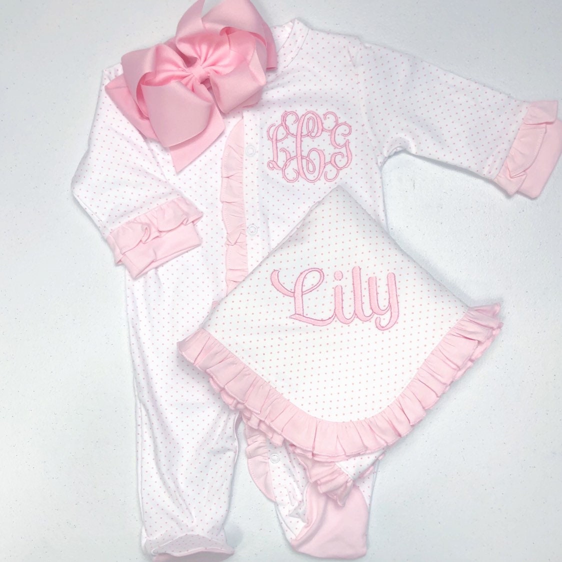 Baby girl coming home outfit, monogrammed footie, newborn clothing, girl clothing, baby shower gift, sleeper, ruffle footie pink dot