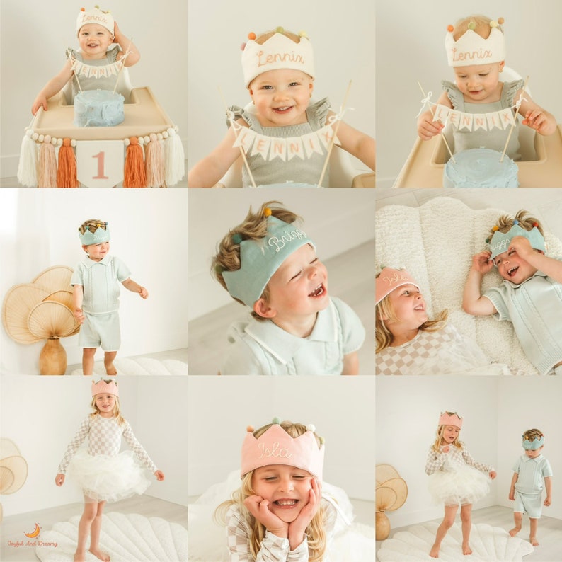 May include: A collection of felt crowns in cream, sage green, and dusty pink, each featuring embroidered names like Lennix, Briggs, and Isla. The crowns are adorned with small, colourful felt pom-poms along the top edge and are worn by children.