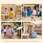 May include: A collection of four personalised children's backpacks in yellow, pink, and blue, each featuring embroidered names like Nolan, Hallie, Lilah, and Daniel, along with small animal patches, front zippered pockets, and adjustable straps.