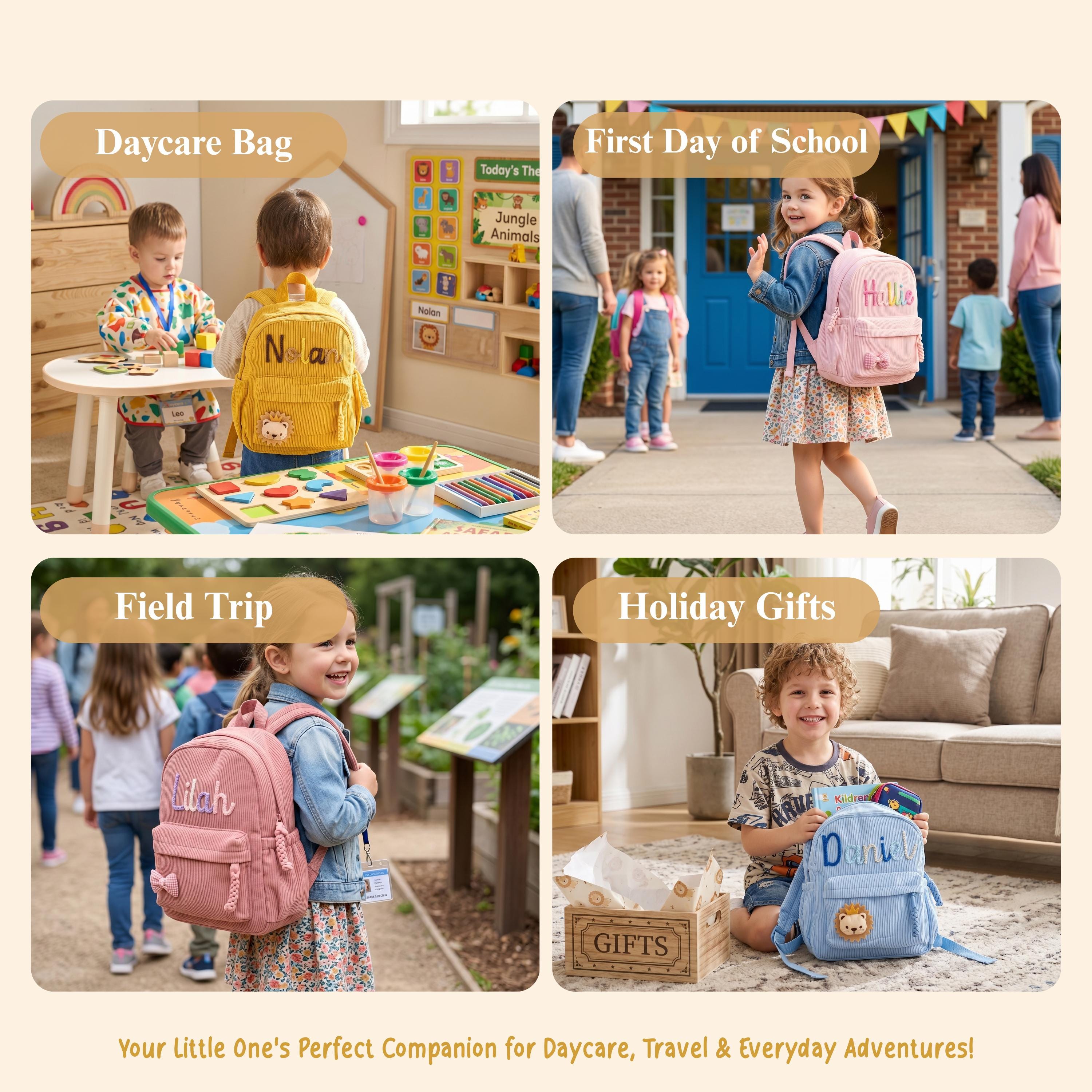 May include: A collection of four personalised children's backpacks in yellow, pink, and blue, each featuring embroidered names like Nolan, Hallie, Lilah, and Daniel, along with small animal patches, front zippered pockets, and adjustable straps.